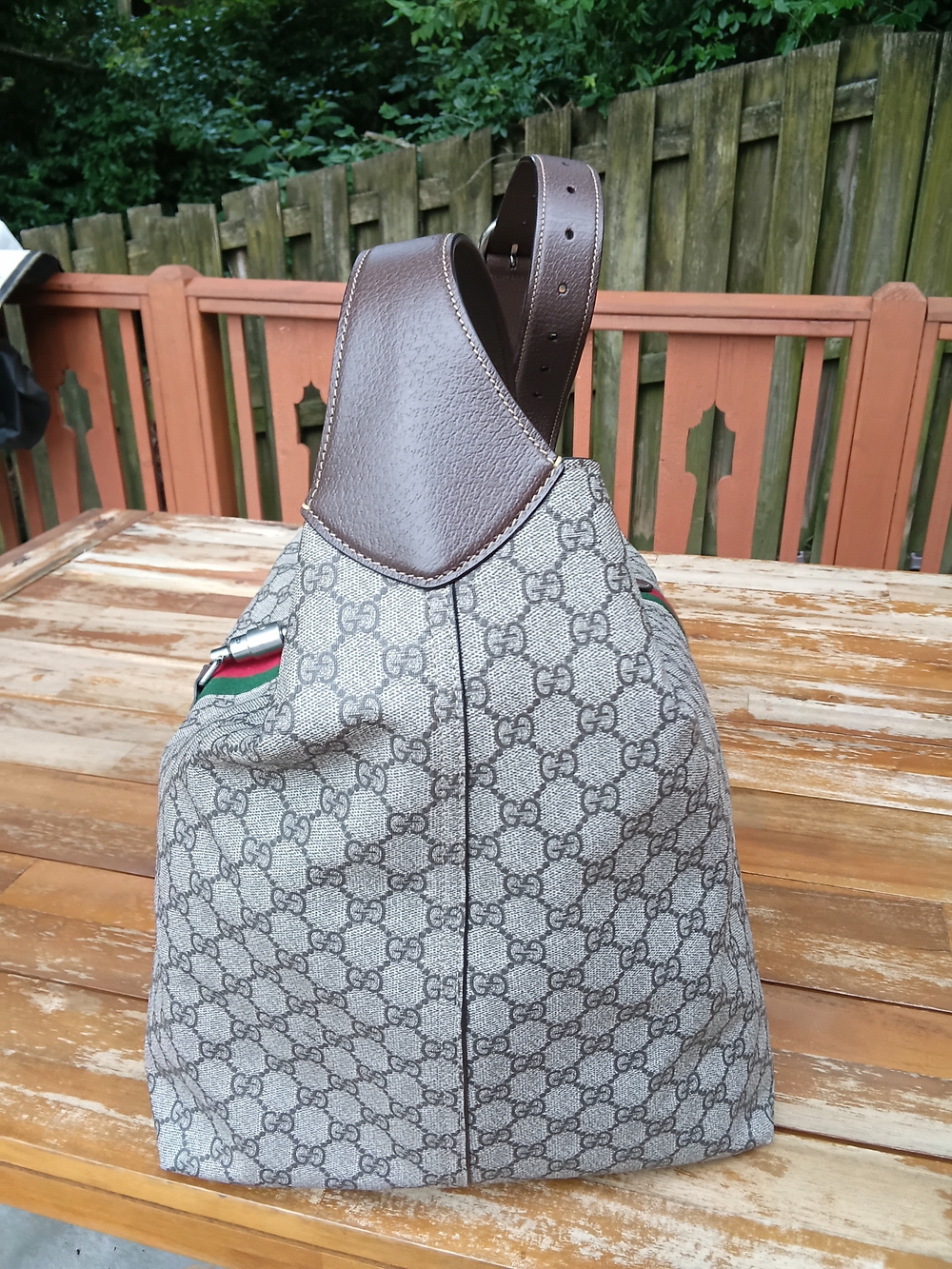 Gucci Beige/Gray Monogram Travel Tote with Green & Red Web Stripe - COA INCLUDED - Picture 7 of 16